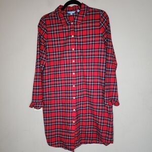 Draper James Flannel Red Plaid Button Shirt Dress Ruffle Cuff Size Medium
